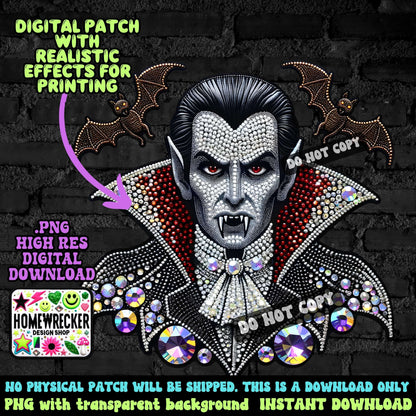 Vampire Bat digital rhinestone patch, faux embroidery, digital patch for printing, Halloween, spooky season, PNG digital download
