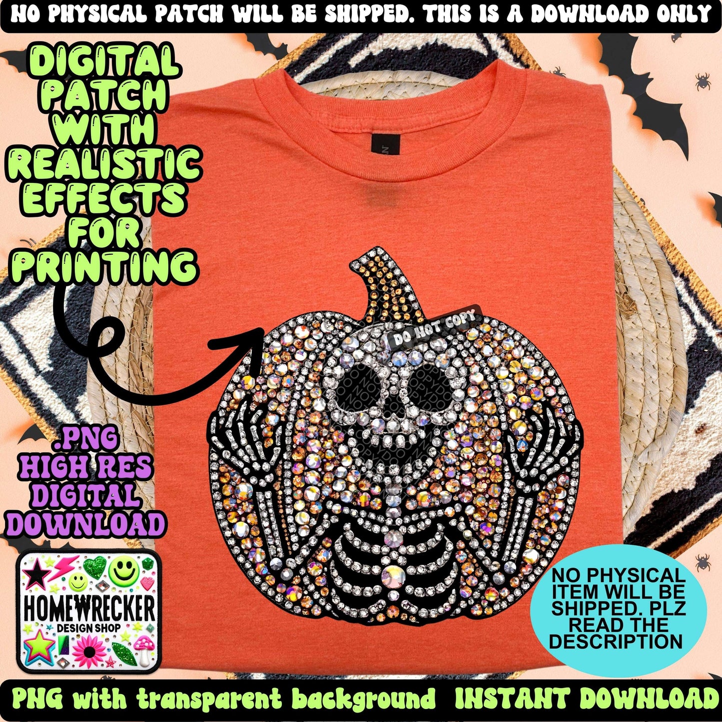 Skeleton pumpkin digital rhinestone patch, faux embroidery, digital patch for printing, Halloween, spooky season, PNG digital download