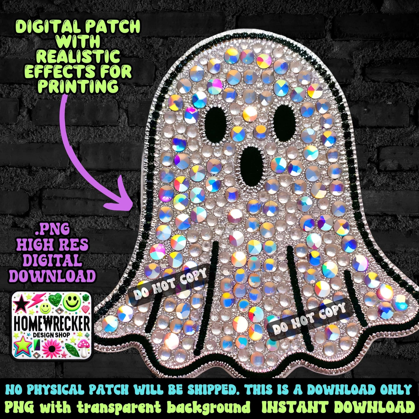 Ghost digital rhinestone patch, faux embroidery, digital patch for printing, Halloween, spooky season, PNG digital download