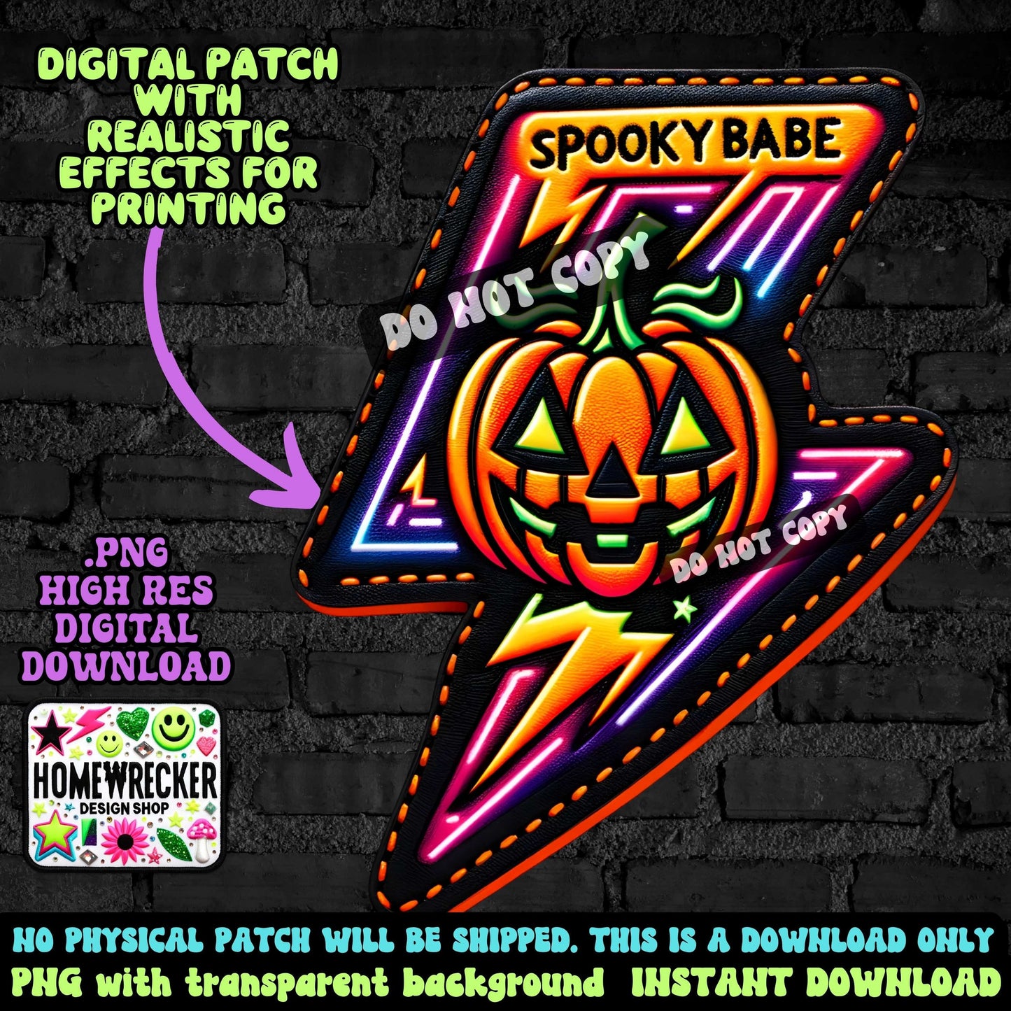 Spooky Babe faux leather neon lightning bolt digital patch, printable FAUX embroidery digital patch, digital download, PNG