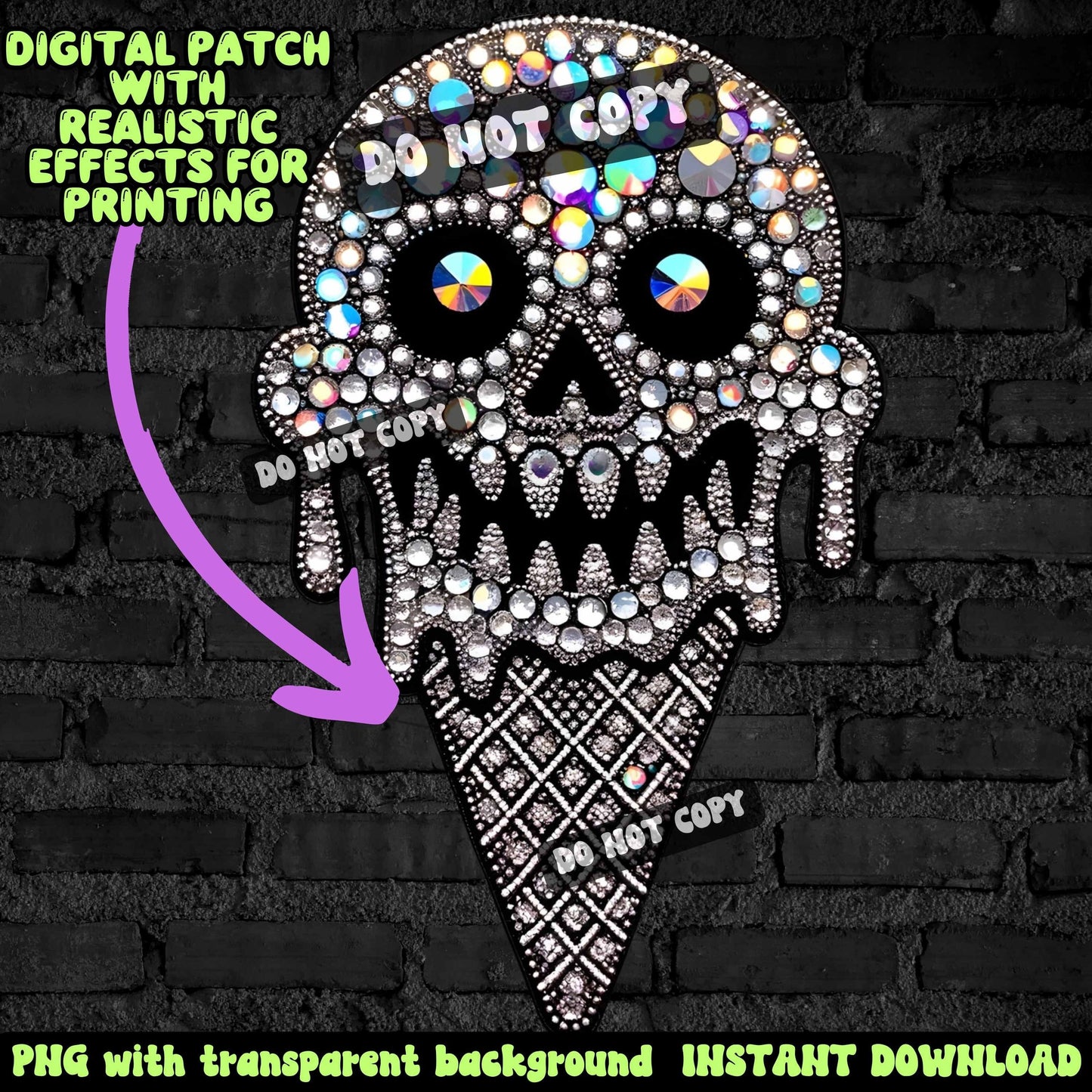 Spooky Melting Skull Ice Cream digital rhinestone patch, faux embroidery, digital patch for printing, Halloween, spooky season, PNG download