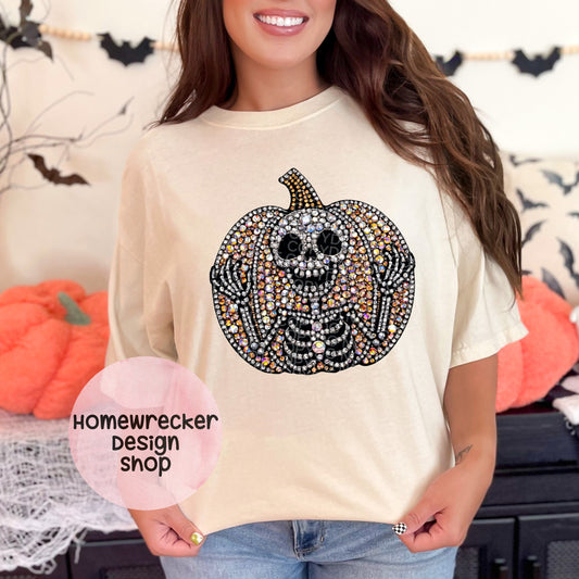 Skeleton pumpkin digital rhinestone patch, faux embroidery, digital patch for printing, Halloween, spooky season, PNG digital download