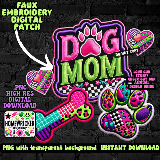 Dog mom png faux embroidery patch tshirt hat patch design neon dog lover png digital download paw print png dog bone pink and green dog mom