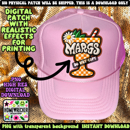 Margs checkered print Margarita embroidery digital patch PNG digital download