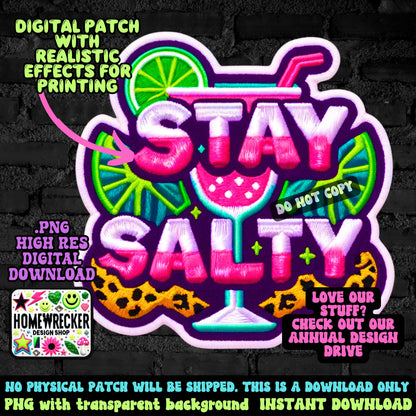 Stay Salty, Margarita and Lime, FAUX embroidery digital patch, digital download, PNG