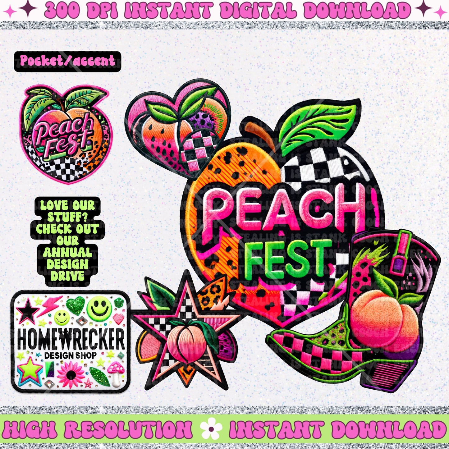 Peach Festival 2024, Neon, summer festival, stacked FAUX embroidery patch design , digital download, PNG