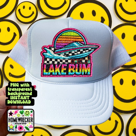 Lake Bum, FAUX embroidery digital patch, printable hat patch, summer png, digital download, PNG