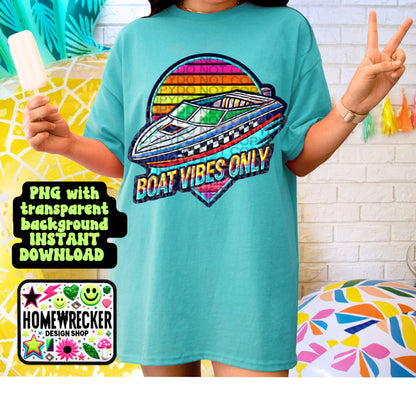 Boat Vibes Only, FAUX embroidery digital patch, printable patch, summer png, digital download, for printing only PNG