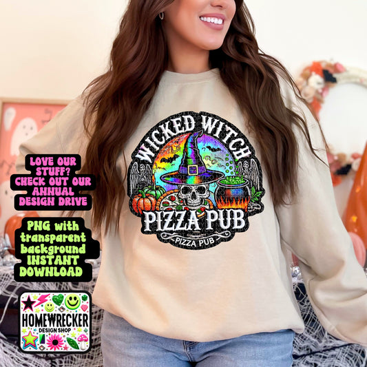 Wicked Witch Pizza Pub| Faux embroidery digital patch | Halloween instant download PNG