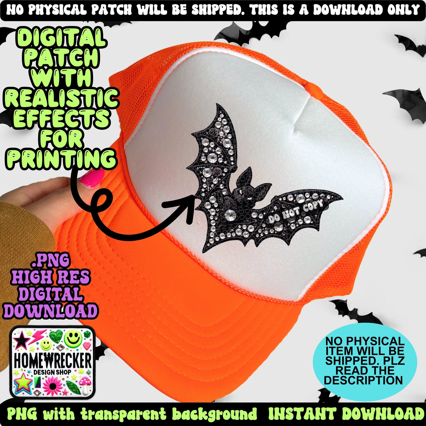 Halloween Bat faux embroidery digital patch PNG digital download