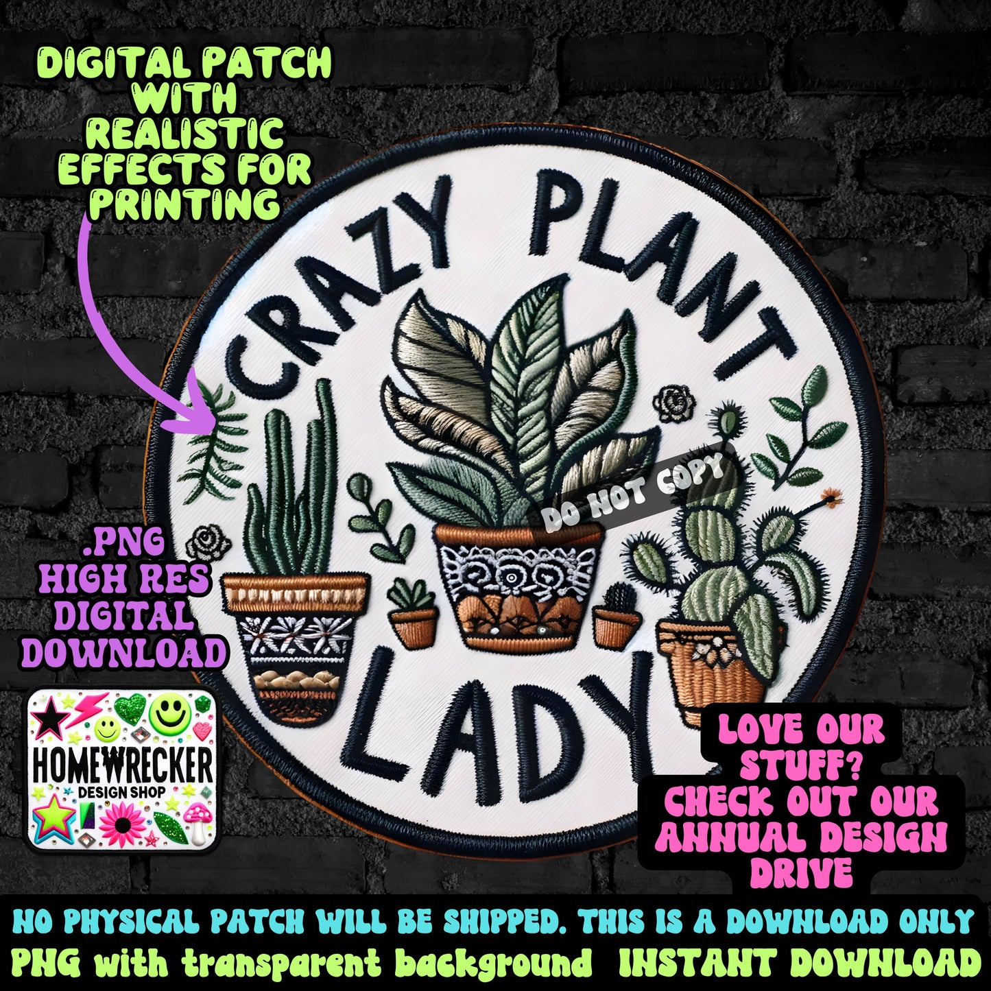 Crazy plant lady digital patch, printable FAUX embroidery digital patch, digital download, PNG