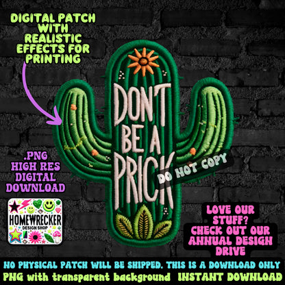 Don’t be a prick cactus digital patch, printable FAUX embroidery digital patch, digital download, PNG