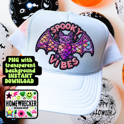 Spooky vibes Bat, faux embroidery, digital patch for printing, Halloween, spooky season, not for use with embroidery PNG digital download