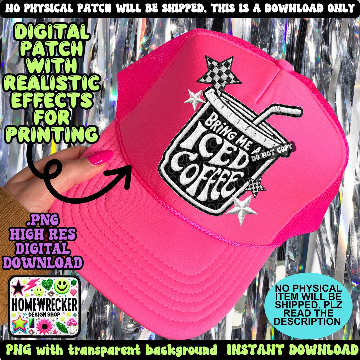 Bring me an iced coffee digital patch, faux embroidery, PNG digital download