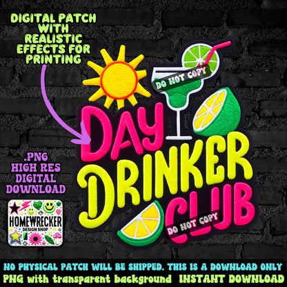 Day Drinker Club digital patch, faux embroidery, Summer, neon,  PNG digital download