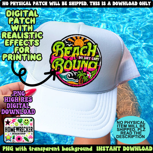 Beach Bound digital patch, faux embroidery, Summer, neon,  PNG digital download