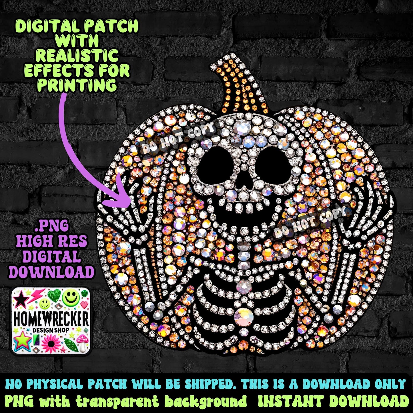 Skeleton pumpkin digital rhinestone patch, faux embroidery, digital patch for printing, Halloween, spooky season, PNG digital download