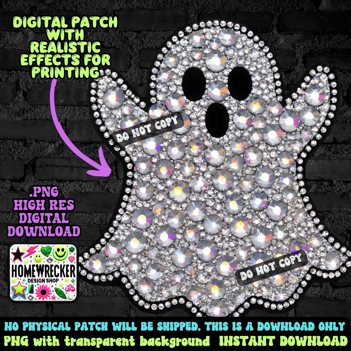 Faux embroidery design faux rhinestone ghost png Halloween ghost design for tshirt or hat digital download spooky ghost Halloween patch PNG