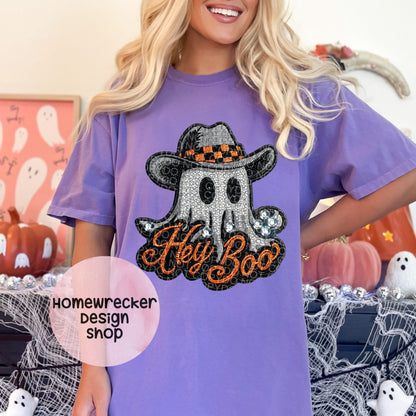 Halloween png hey boo cowboy pumpkin faux embroidery png digital download spooky western Halloween shirt hat design black and orange checker