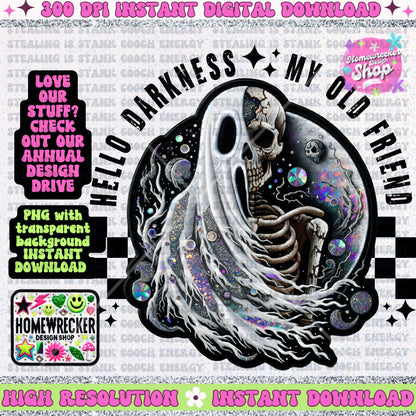 Hello Darkness skeleton ghost digital patch Design, faux embroidery, spooky season, Halloween PNG digital download