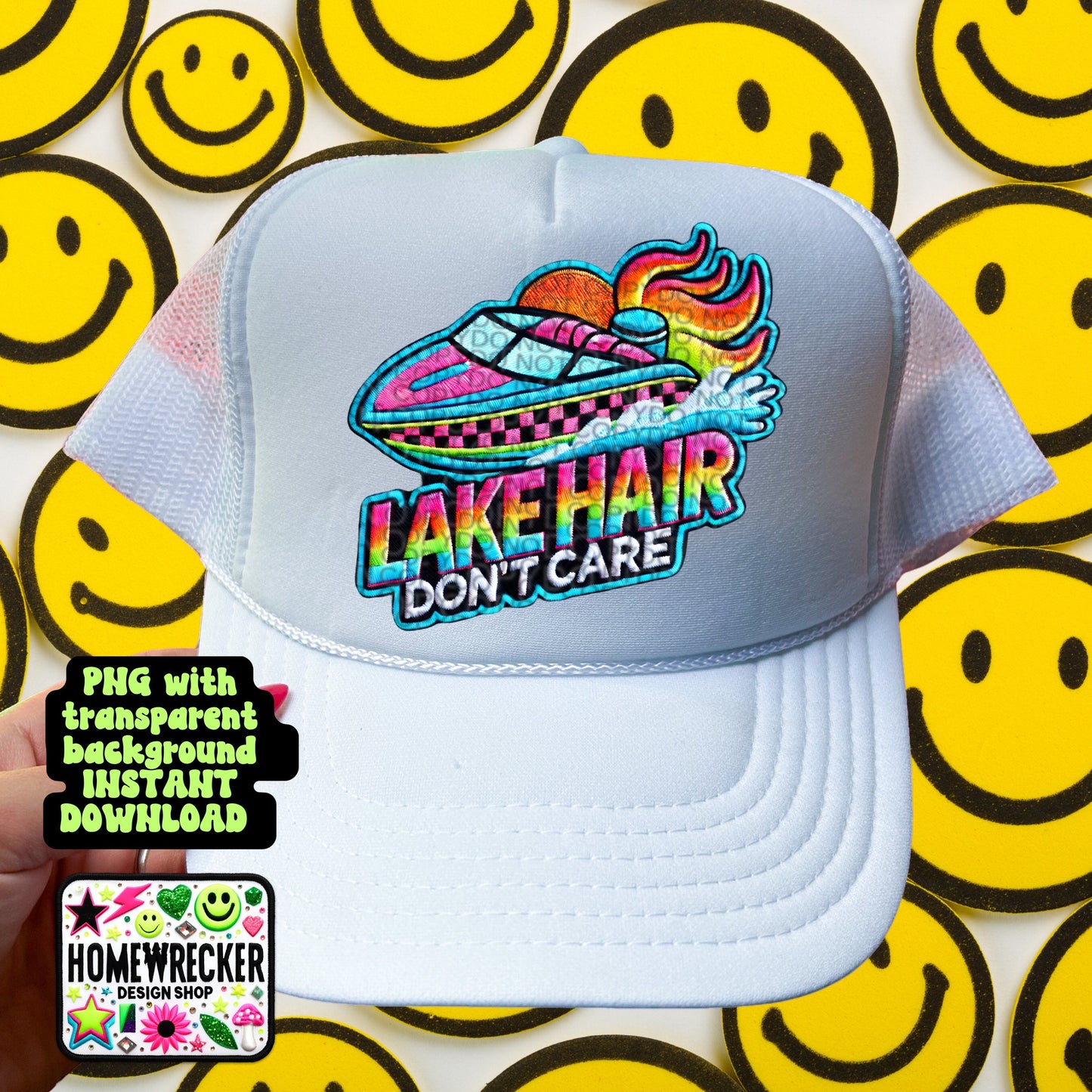 Lake Hair Don’t Care, Neon, FAUX embroidery digital patch, printable hat patch, summer png, digital download, PNG