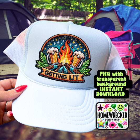 Getting Lit, Bonfire and Beer, digital patch, faux embroidery, Summer, Camping, Campfire PNG digital download