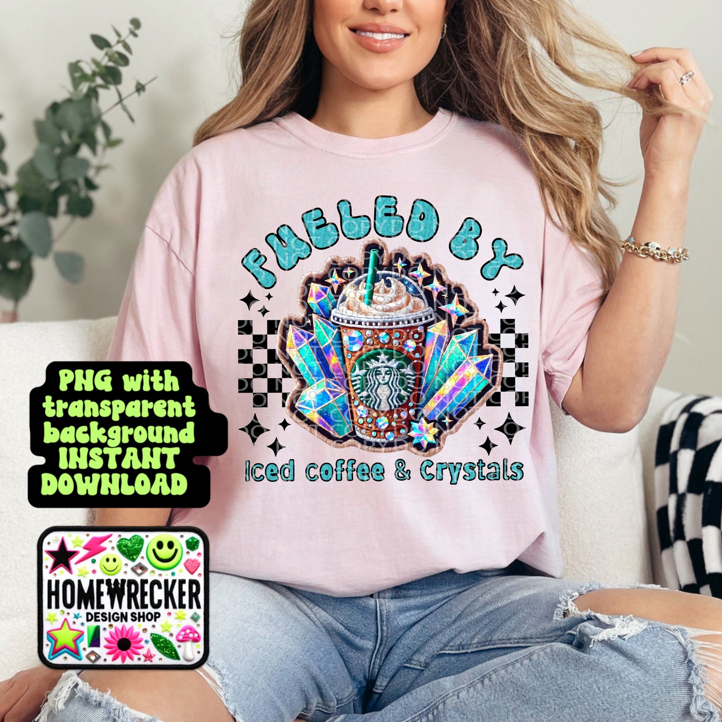 Fueled by iced coffee and crystals  FAUX embroidery patch design | for printing only, not for use with embroidery, digital download, PNG