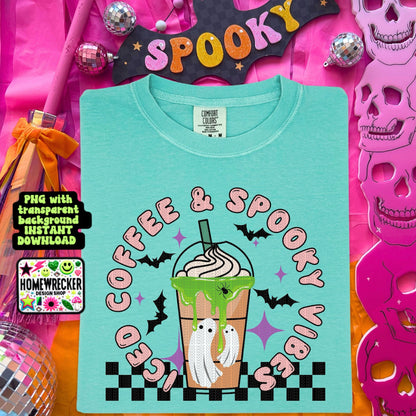 Iced coffee and spooky vibes Halloween coffee digital download PNG for T-shirts and dtf prints