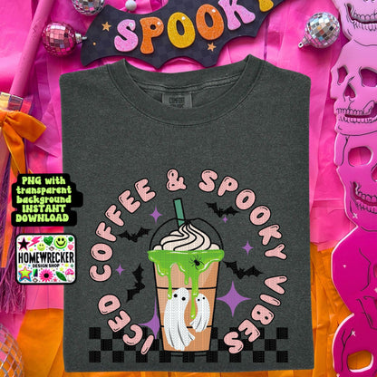 Iced coffee and spooky vibes Halloween coffee digital download PNG for T-shirts and dtf prints