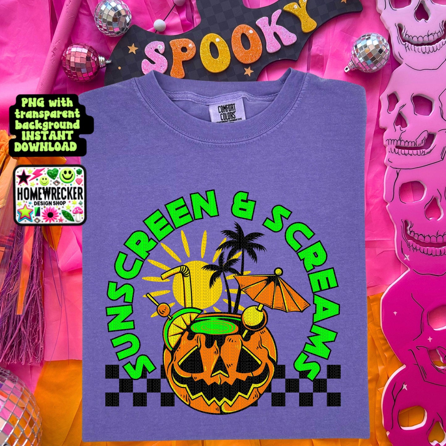 Sunscreen and screams pumpkin Halloween summer digital download PNG for T-shirts and dtf prints