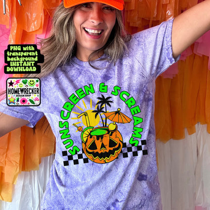 Sunscreen and screams pumpkin Halloween summer digital download PNG for T-shirts and dtf prints