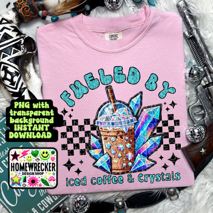 Fueled by iced coffee and crystals  FAUX embroidery patch design | for printing only, not for use with embroidery, digital download, PNG