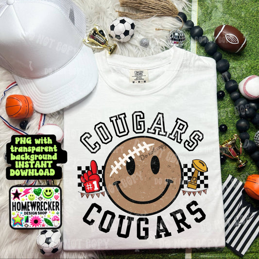 Retro Happy Football Distressed Mascot PNG School spirit design black to school Mascot Cougars  | Homewrecker Design Shop