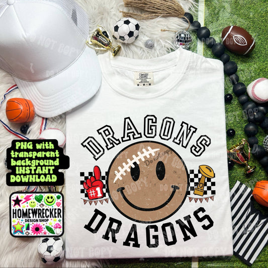 Retro Happy Football Distressed Mascot PNG School spirit design black to school Mascot Dragons  | Homewrecker Design Shop