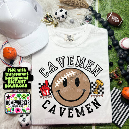 Retro Happy Football Distressed Mascot PNG School spirit design black to school Mascot Cavemen  | Homewrecker Design Shop