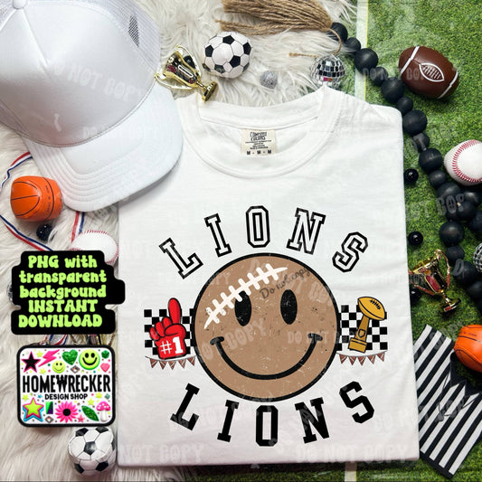 Retro Happy Football Distressed Mascot PNG School spirit design black to school Mascot Lions  | Homewrecker Design Shop