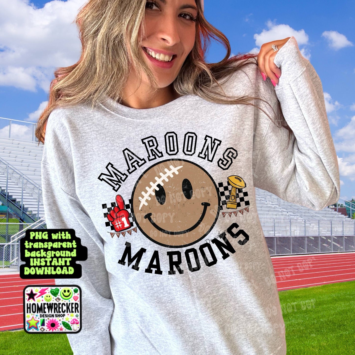 Retro Happy Football Distressed Mascot PNG School spirit design black to school Mascot Maroons  | Homewrecker Design Shop