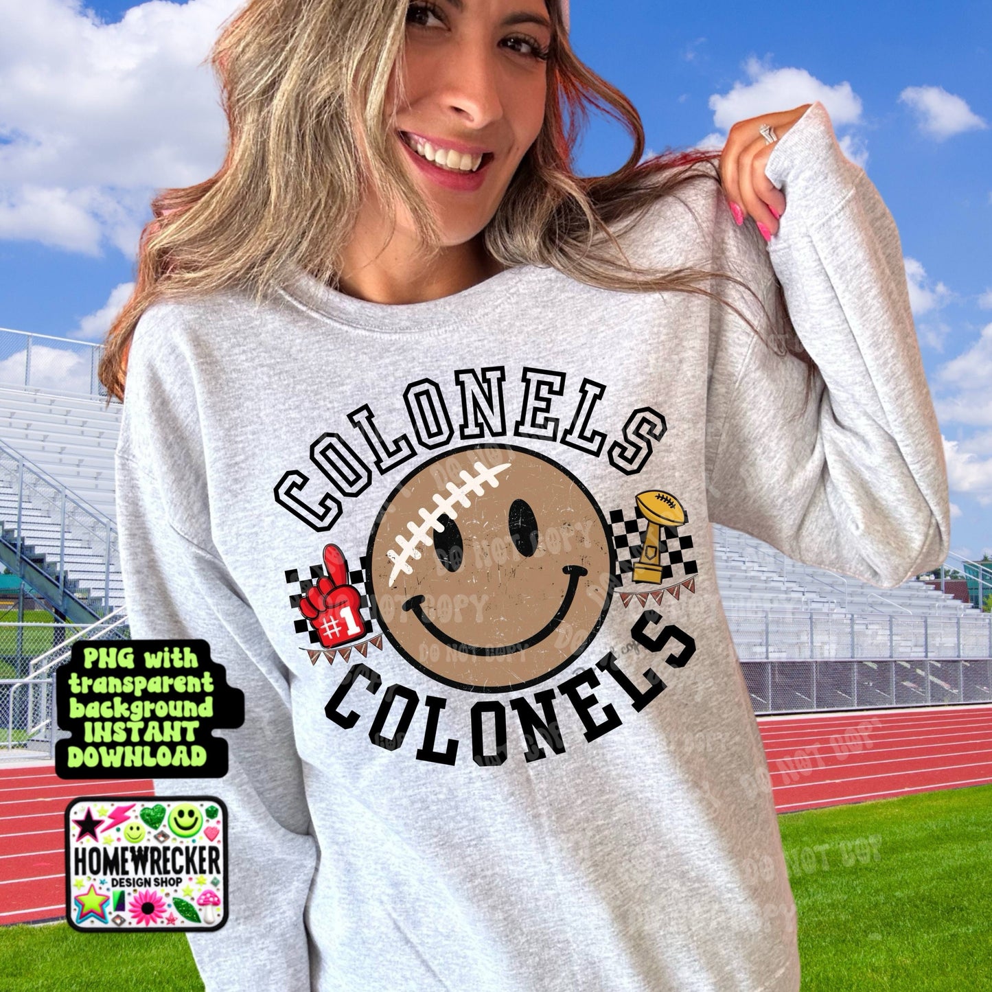 Retro Happy Football Distressed Mascot PNG School spirit design black to school Mascot Colonels  | Homewrecker Design Shop