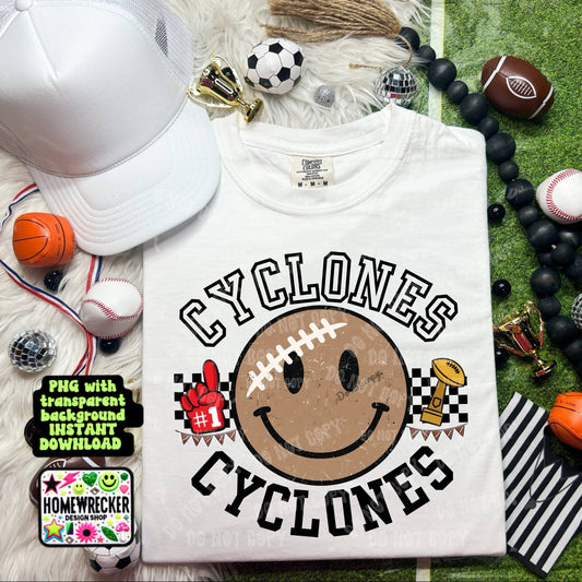 Retro Happy Football Distressed Mascot PNG School spirit design black to school Mascot Cyclones  | Homewrecker Design Shop