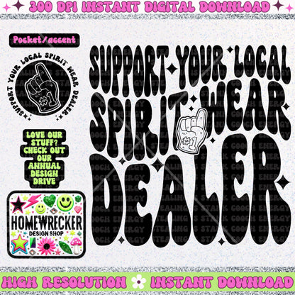 Support your local spirit wear dealer png wavy font back of shirt design with front chest accent school sprit mascot tshirt maker design png