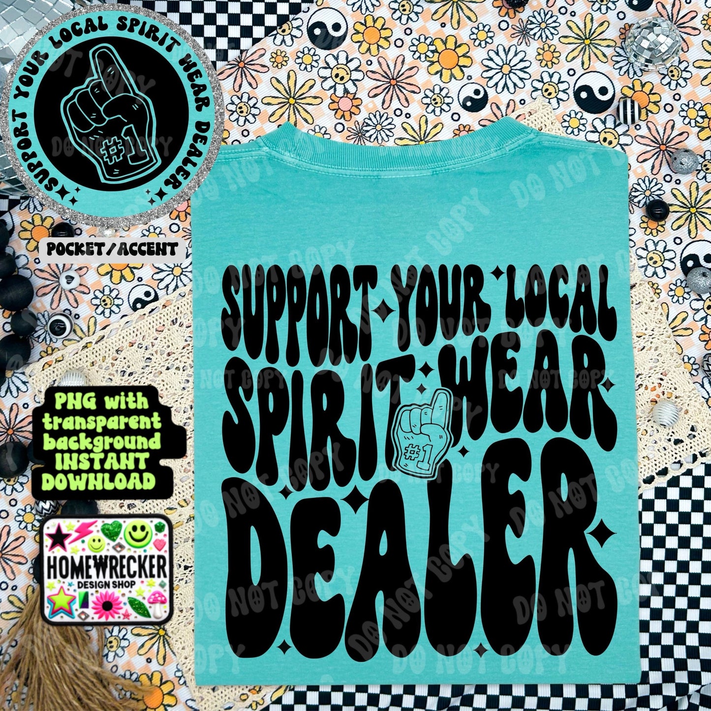 Support your local spirit wear dealer png wavy font back of shirt design with front chest accent school sprit mascot tshirt maker design png