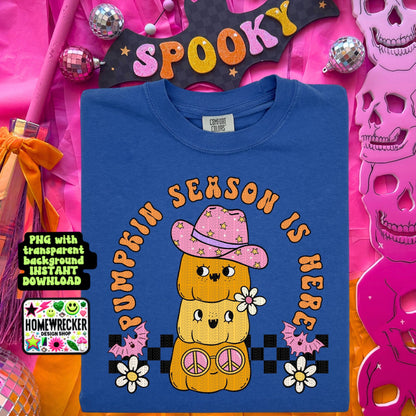 Pumpkin season retro pumpkins daisies digital download PNG for T-shirts and dtf prints