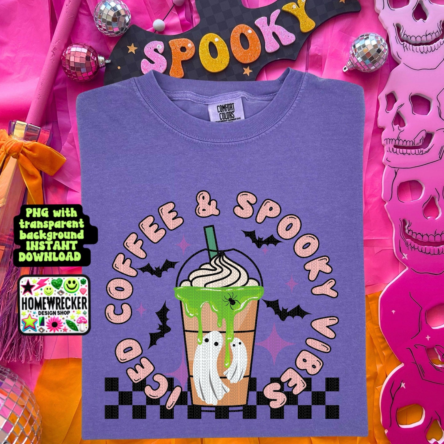 Iced coffee and spooky vibes Halloween coffee digital download PNG for T-shirts and dtf prints