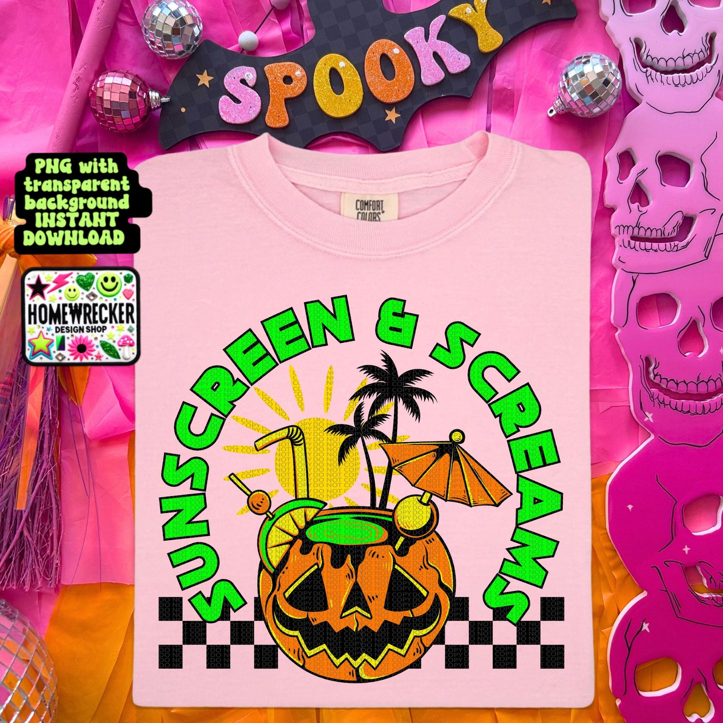 Sunscreen and screams pumpkin Halloween summer digital download PNG for T-shirts and dtf prints