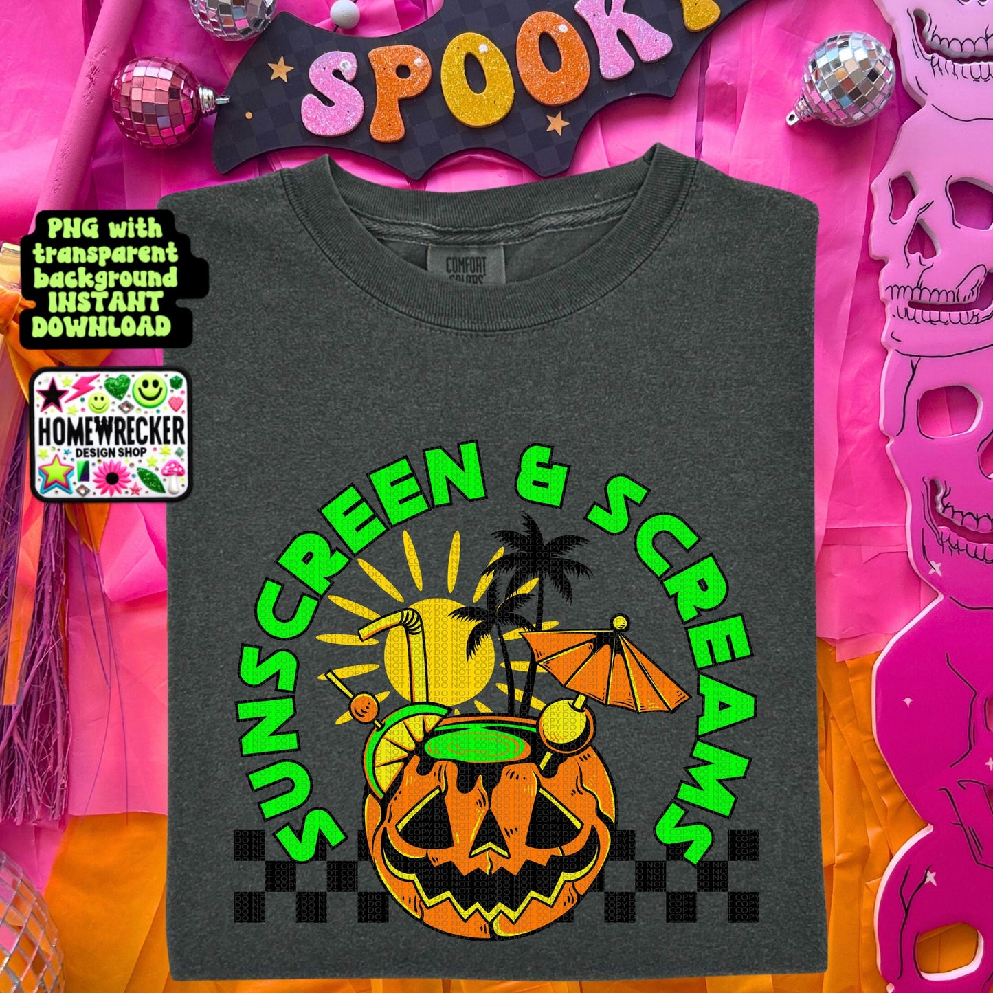 Sunscreen and screams pumpkin Halloween summer digital download PNG for T-shirts and dtf prints