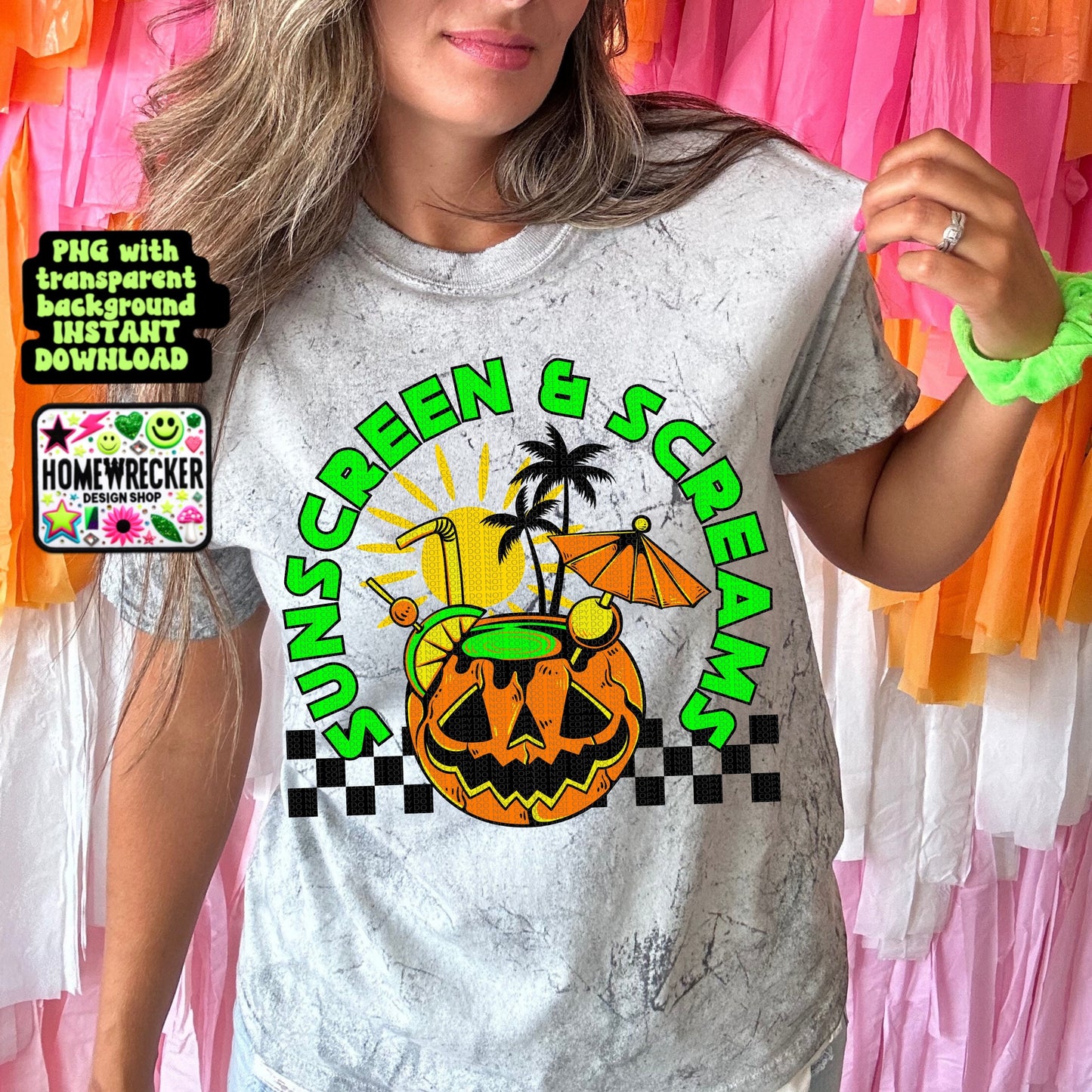 Sunscreen and screams pumpkin Halloween summer digital download PNG for T-shirts and dtf prints