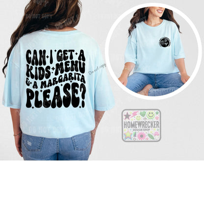 Can I get a kids menu and margarita please mom PNG, Digital Download, Wavy font design with front pocket accent mom humor funny mom png