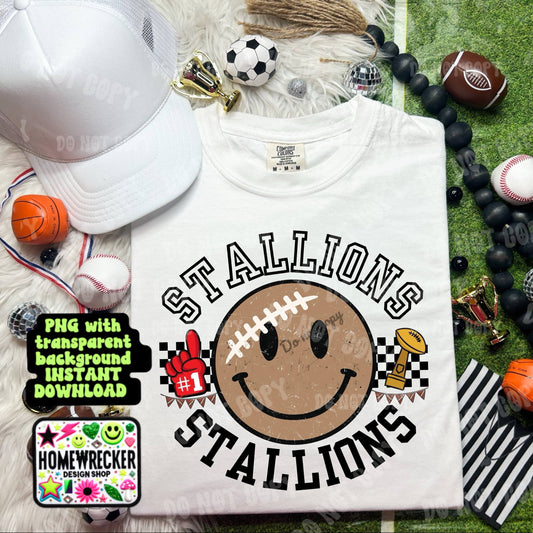 Retro Happy Football Distressed Mascot PNG School spirit design black to school Mascot Stallions  | Homewrecker Design Shop