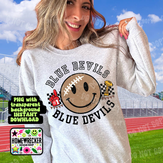 Retro Happy Football Distressed Mascot PNG School spirit design black to school Mascot Blue Devils  | Homewrecker Design Shop