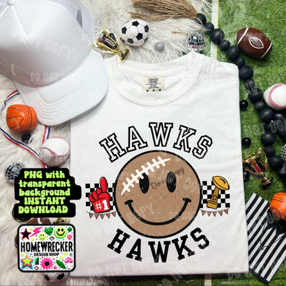 Retro Happy Football Distressed Mascot PNG School spirit design black to school Mascot Hawks  | Homewrecker Design Shop